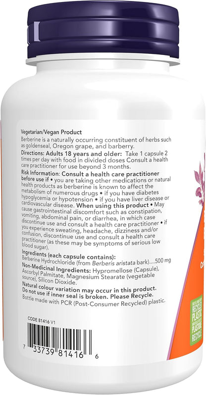 NOW Supplements, Berberine HCL 500 mg, Supports Glucose Metabolism, 90 Veg Capsules