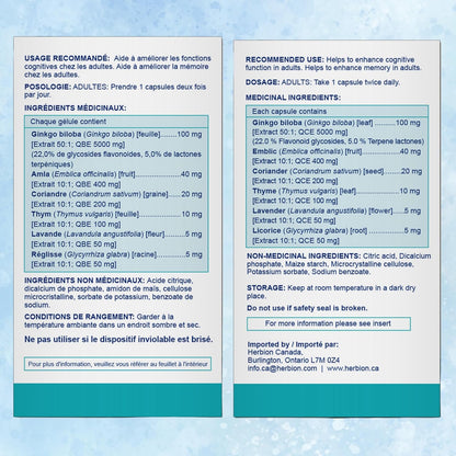 Herbion Naturals Memory Enhancer helps Improve Cognitive Function with Ginkgo biloba, Emblic, Coriander, Thyme, Lavender & Licorice extracts for adults. 60 Veggie Caps