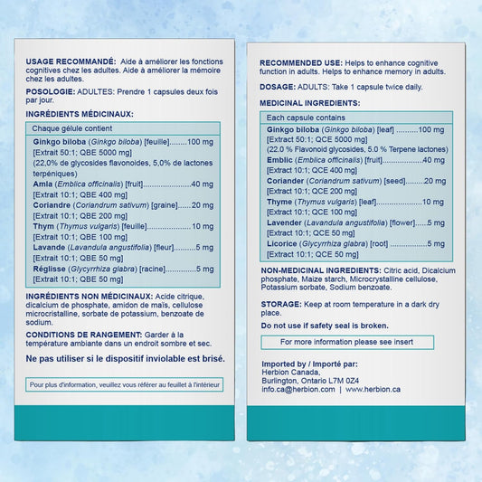 Herbion Naturals Memory Enhancer helps Improve Cognitive Function with Ginkgo biloba, Emblic, Coriander, Thyme, Lavender & Licorice extracts for adults. 60 Veggie Caps