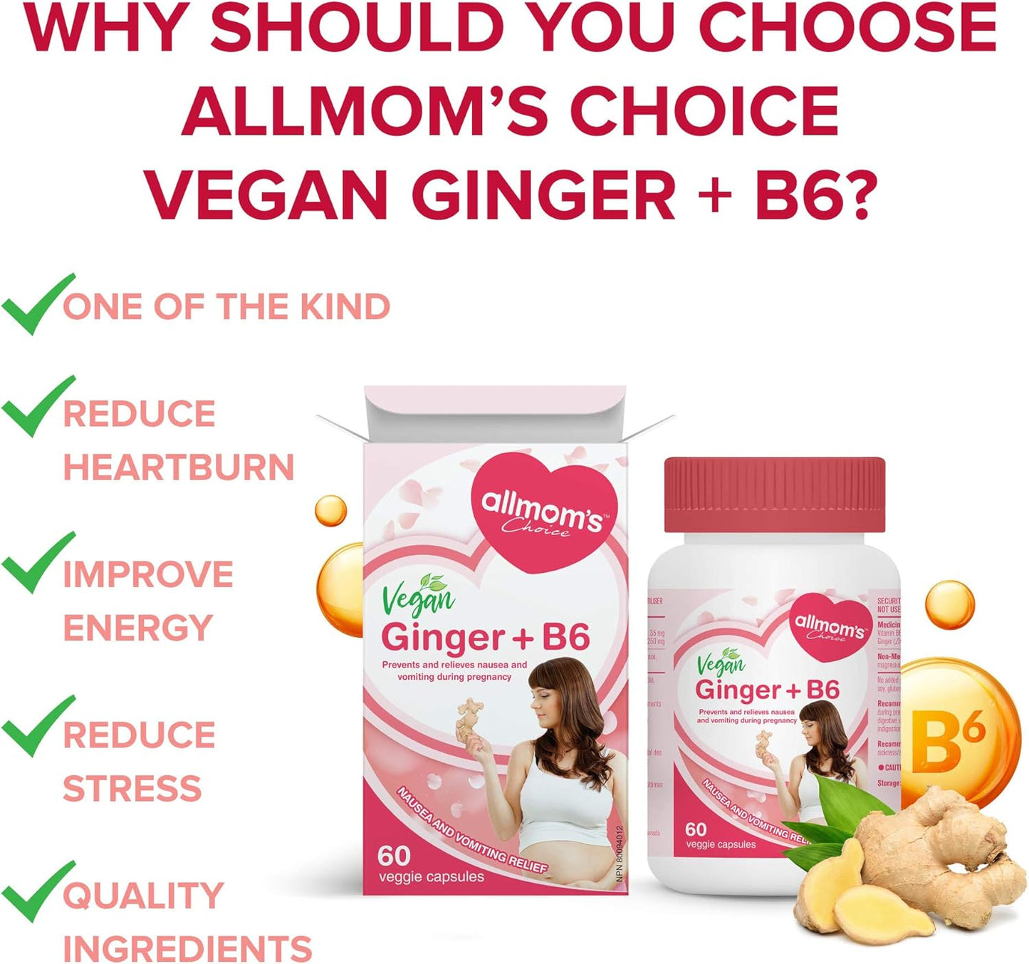 純素薑 + B6（60 粒膠囊），天然療法，可預防和緩解噁心和孕吐，減少胃灼熱，增進食慾，Allmom’s Choice 懷孕止吐產品