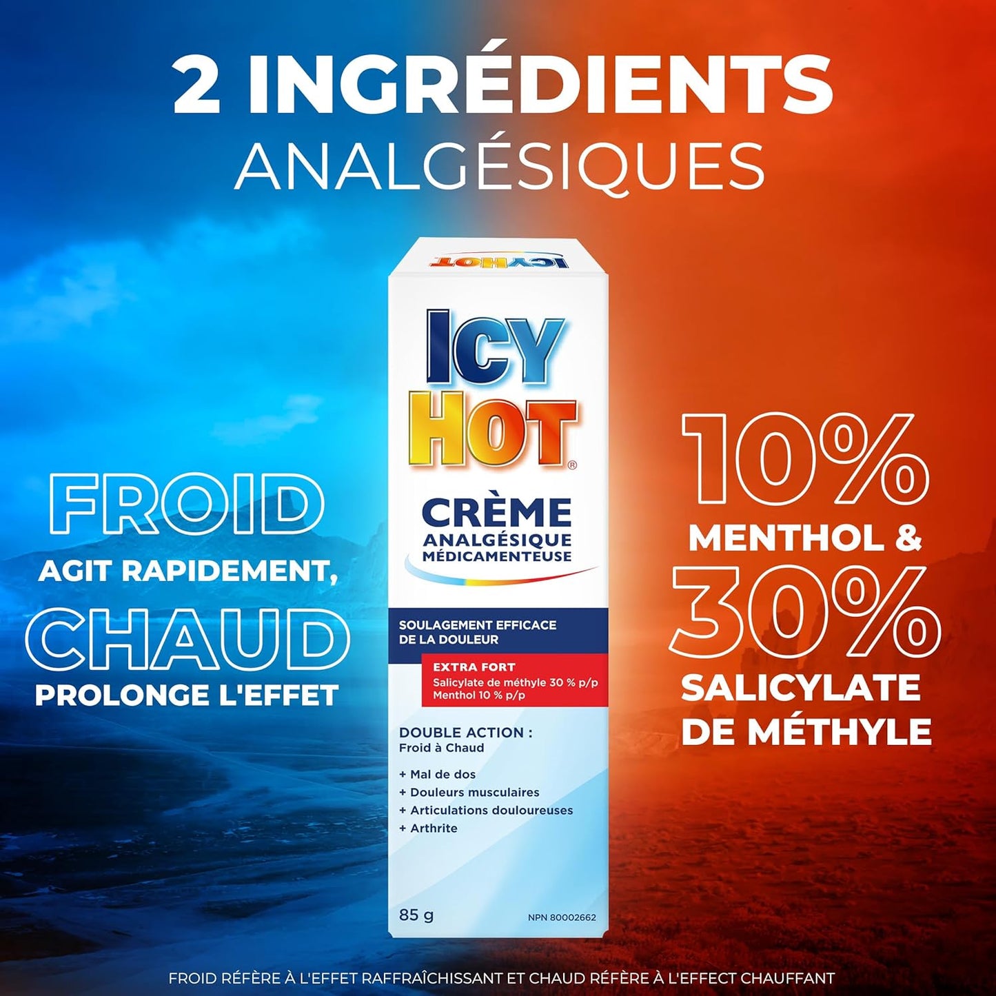 冰热强效止痛膏，快速缓解肌肉和关节疼痛，缓解关节炎、扭伤和拉伤引起的不适，水杨酸甲酯 30%，薄荷醇 10%，85 克管装