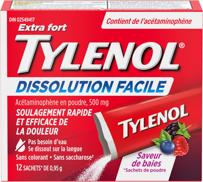 泰诺强效溶解包，500 毫克对乙酰氨基酚止痛退烧药，便携式粉末包，缓解轻微疼痛，不含布洛芬和阿司匹林，浆果味，12 片