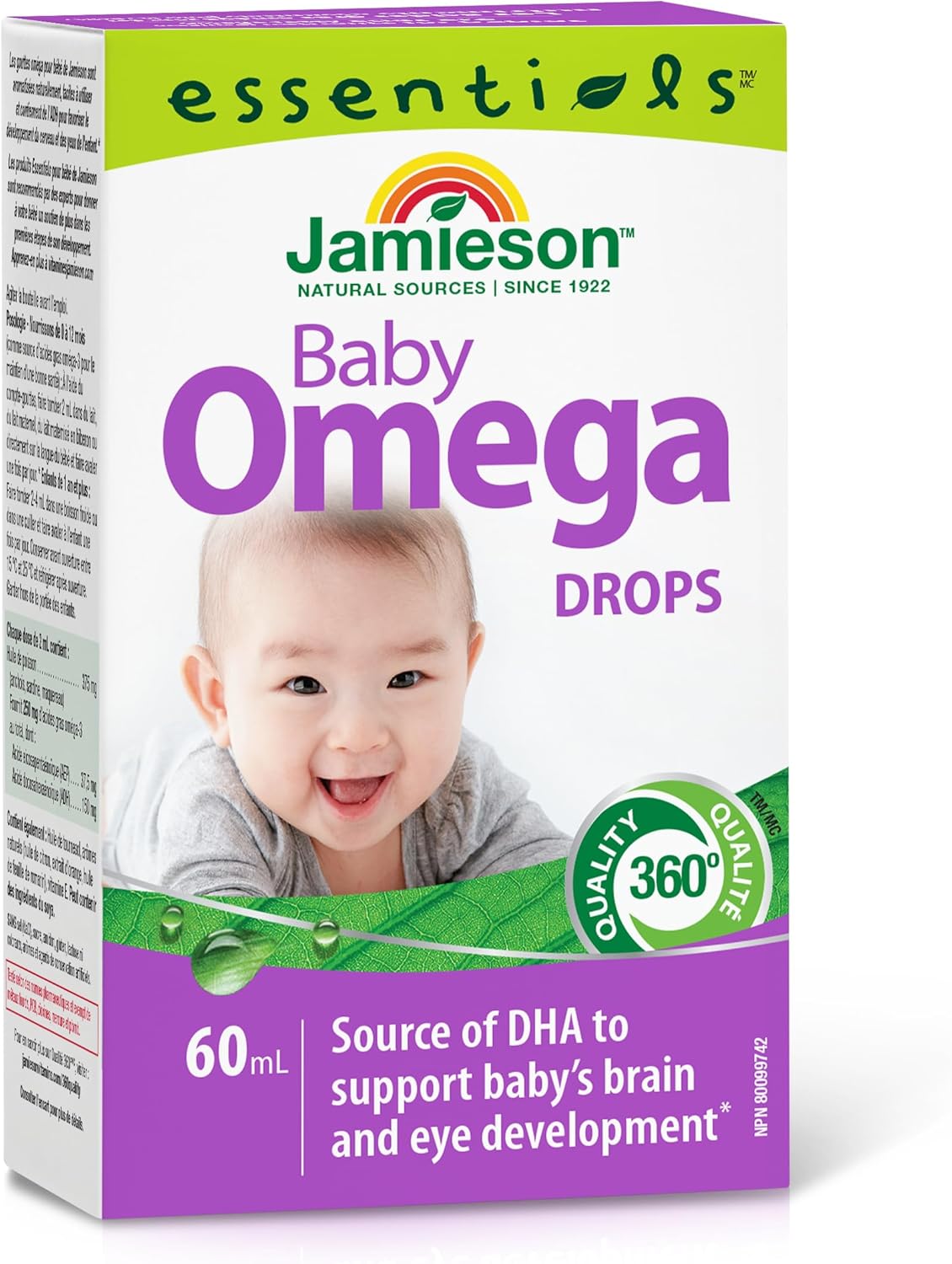 Jamieson 婴儿 Omega-3 滴剂，富含 EPA 和 DHA，加拿大制造，支持大脑和眼睛发育。天然香料，不含麸质、人工色素、香精或防腐剂，60 毫升