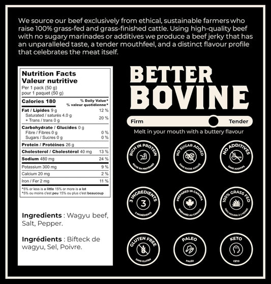 BETTER BOVINE Grass Fed Wagyu Beef Jerky, Keto, Paleo, Low Carb, High Protein, Gluten Free, Sugar Free, Non-GMO, Nitrate Free, Preservative Free, No Antibiotics, No Added Hormones, 26g Protein, 0g Carbs, 180 Calories, Sa…