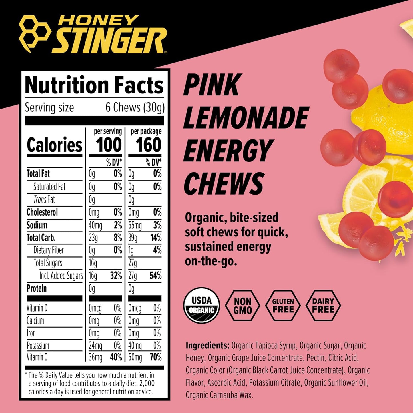 Honey Stinger Organic Pink Lemonade Energy Chew | Gluten Free & Caffeine Free | For Exercise, Running and Performance | Sports Nutrition for Home & Gym, Pre and Mid Workout | 12 Pack, 50g