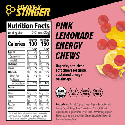 Honey Stinger Organic Pink Lemonade Energy Chew | Gluten Free & Caffeine Free | For Exercise, Running and Performance | Sports Nutrition for Home & Gym, Pre and Mid Workout | 12 Pack, 50g