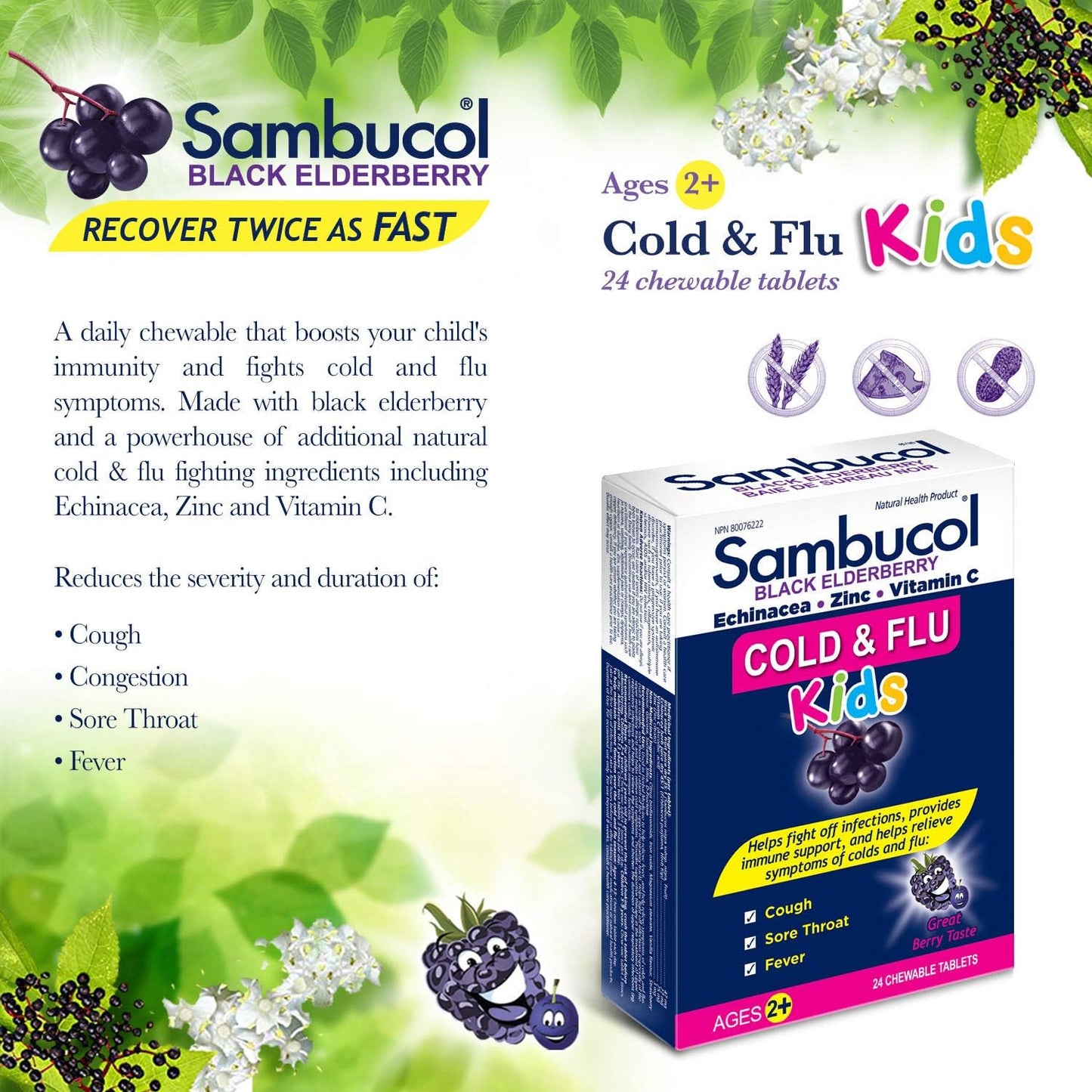 Sambucol Black Elderberry Cold & Flu Kids | Relieves Cold & Flu Symptoms | Immune Support & Antioxidant | Gluten Free | 24 Chewable Tablets, blue