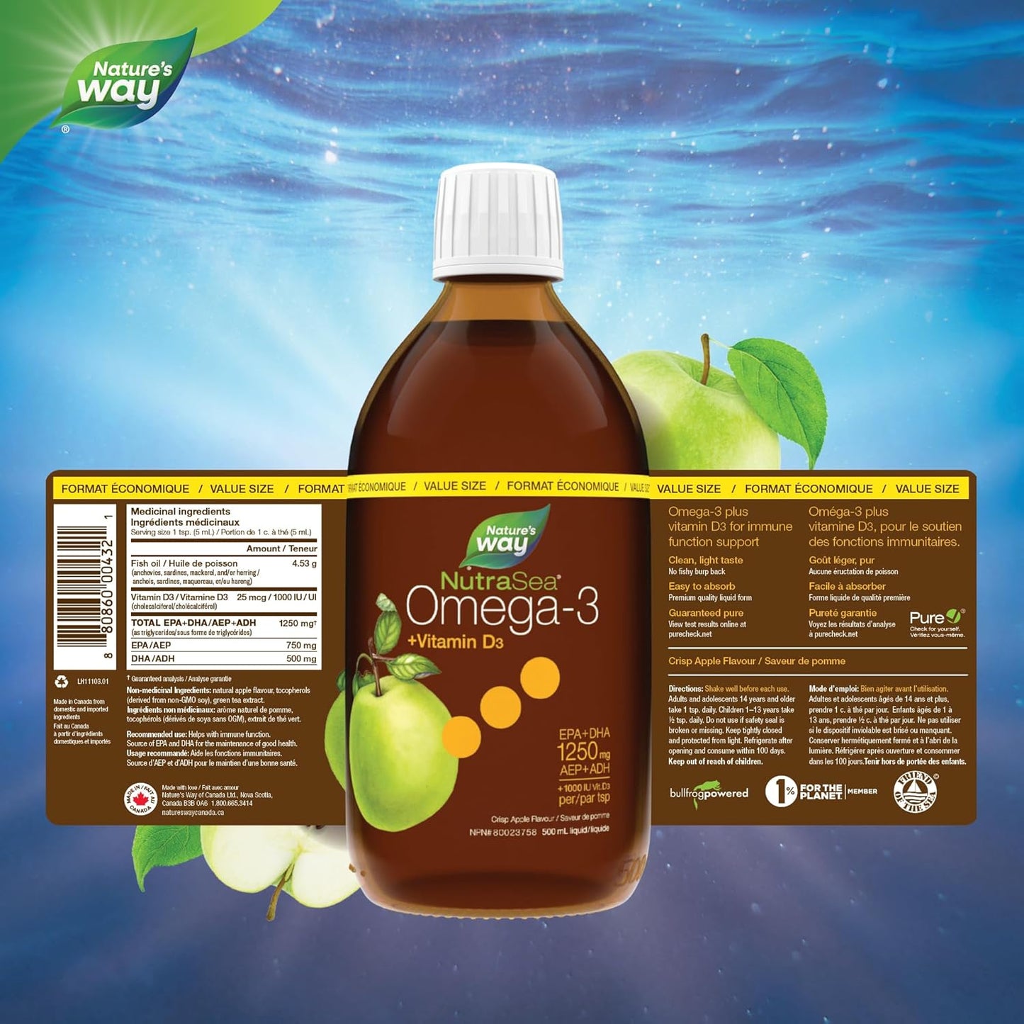 Nature's Way NutraSea Omega-3 和維生素 D 補充劑 - 含 EPA 和 DHA 的魚油 - 支持健康的心臟和大腦，幫助強健骨骼和牙齒並幫助支持免疫系統 - 清脆蘋果味，500 毫升液體，素食…