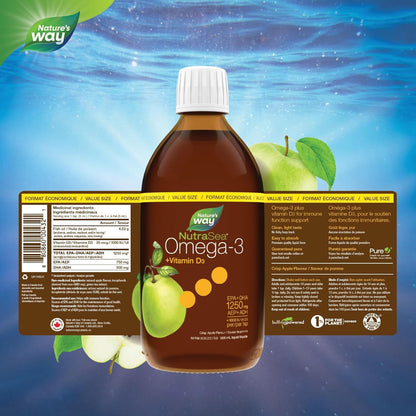 Nature's Way NutraSea Omega-3 和維生素 D 補充劑 - 含 EPA 和 DHA 的魚油 - 支持健康的心臟和大腦，幫助強健骨骼和牙齒並幫助支持免疫系統 - 清脆蘋果味，500 毫升液體，素食…