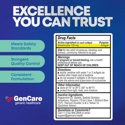 GenCare - 強效西甲矽油 125 毫克（180 粒軟膠囊）強效抗脹氣藥丸，可緩解腹脹、腹壓和不適 - 與通用強效脹氣藥 X 相比