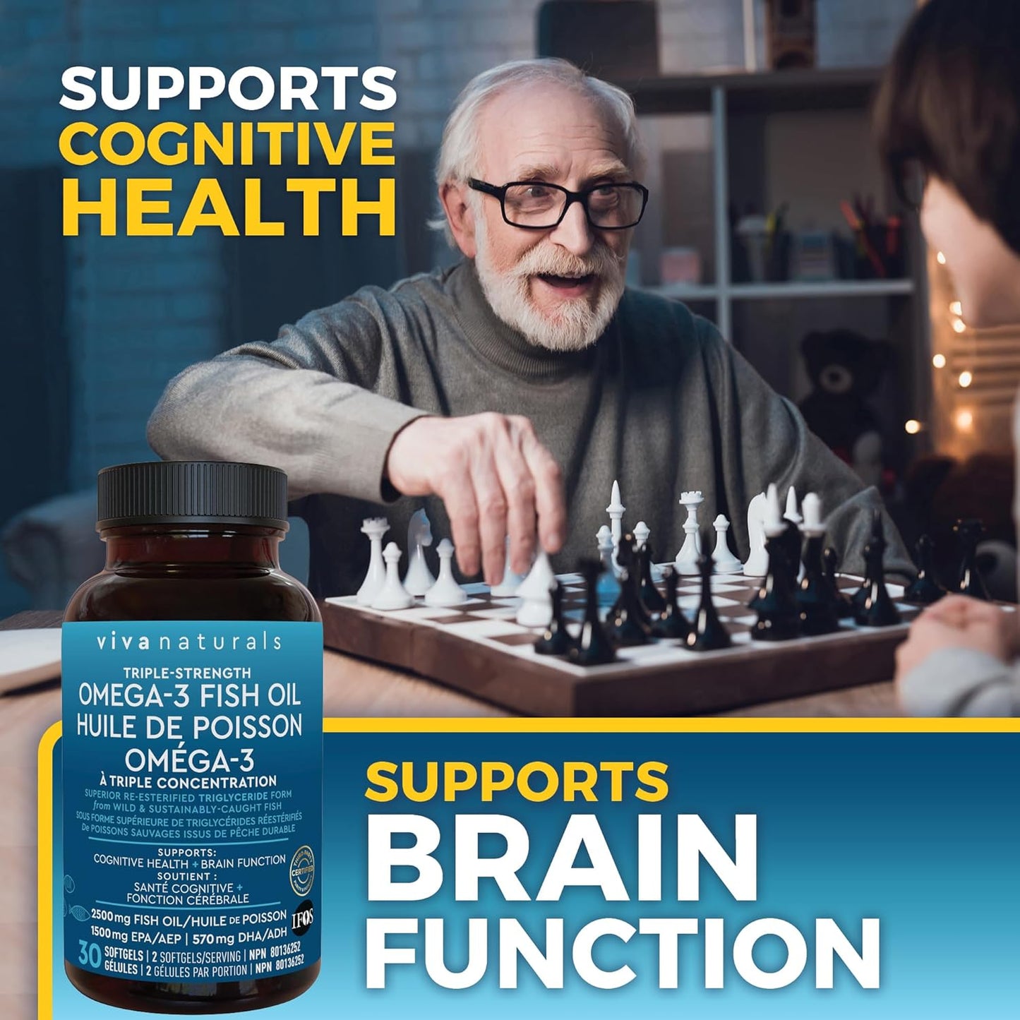 Viva Naturals 三倍强度 Omega 3 鱼油补充剂 - 2500 毫克鱼油，含再酯化 Omega-3 脂肪酸（包括 EPA 和 DHA），有益于认知健康和脑功能 - 30 粒软胶囊