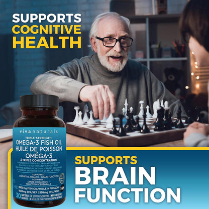 Viva Naturals 三倍强度 Omega 3 鱼油补充剂 - 2500 毫克鱼油，含再酯化 Omega-3 脂肪酸（包括 EPA 和 DHA），有益于认知健康和脑功能 - 30 粒软胶囊