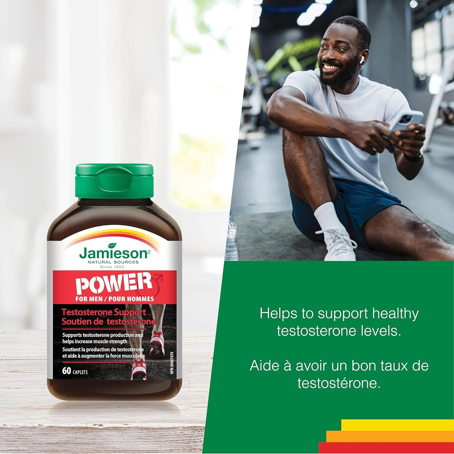 Jamieson 男士強效素食膠囊，含胡蘆巴、鋅、天門冬胺酸鎂、維生素B6和β-丙胺酸。支持睾酮生成、肌肉力量和恢復，無麩質，60粒，加拿大製造