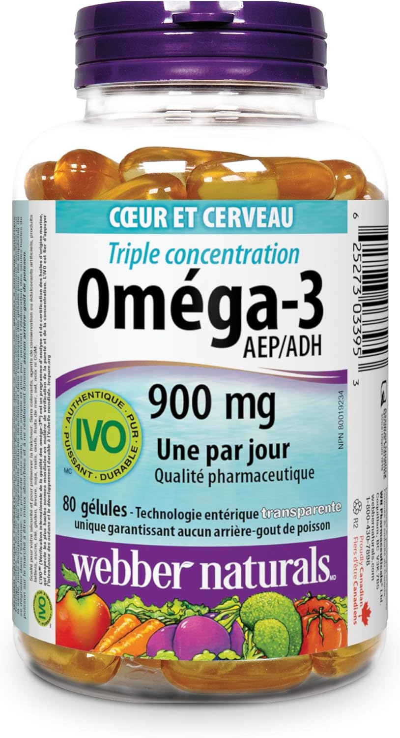 Webber Naturals Omega-3 900 毫克三倍强度，80 粒透明肠溶无鱼腥味软胶囊和维生素 D3 1000 IU，260 片，用于健康的骨骼、牙齿和维持身体健康