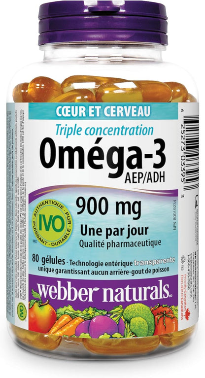 Webber Naturals Omega-3 900 毫克三倍强度，80 粒透明肠溶无鱼腥味软胶囊和维生素 D3 1000 IU，260 片，用于健康的骨骼、牙齿和维持身体健康