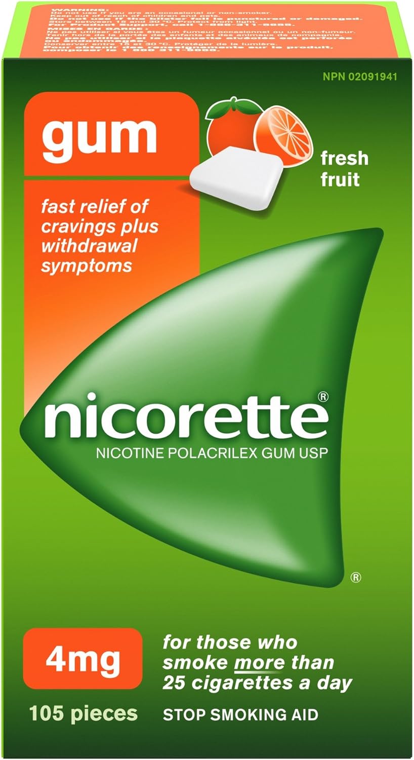 Nicorette 戒烟辅助剂，尼古丁口香糖戒烟辅助剂，新鲜水果味，4 毫克，210 片超值装和口香糖，新鲜水果味，4 毫克，105 片