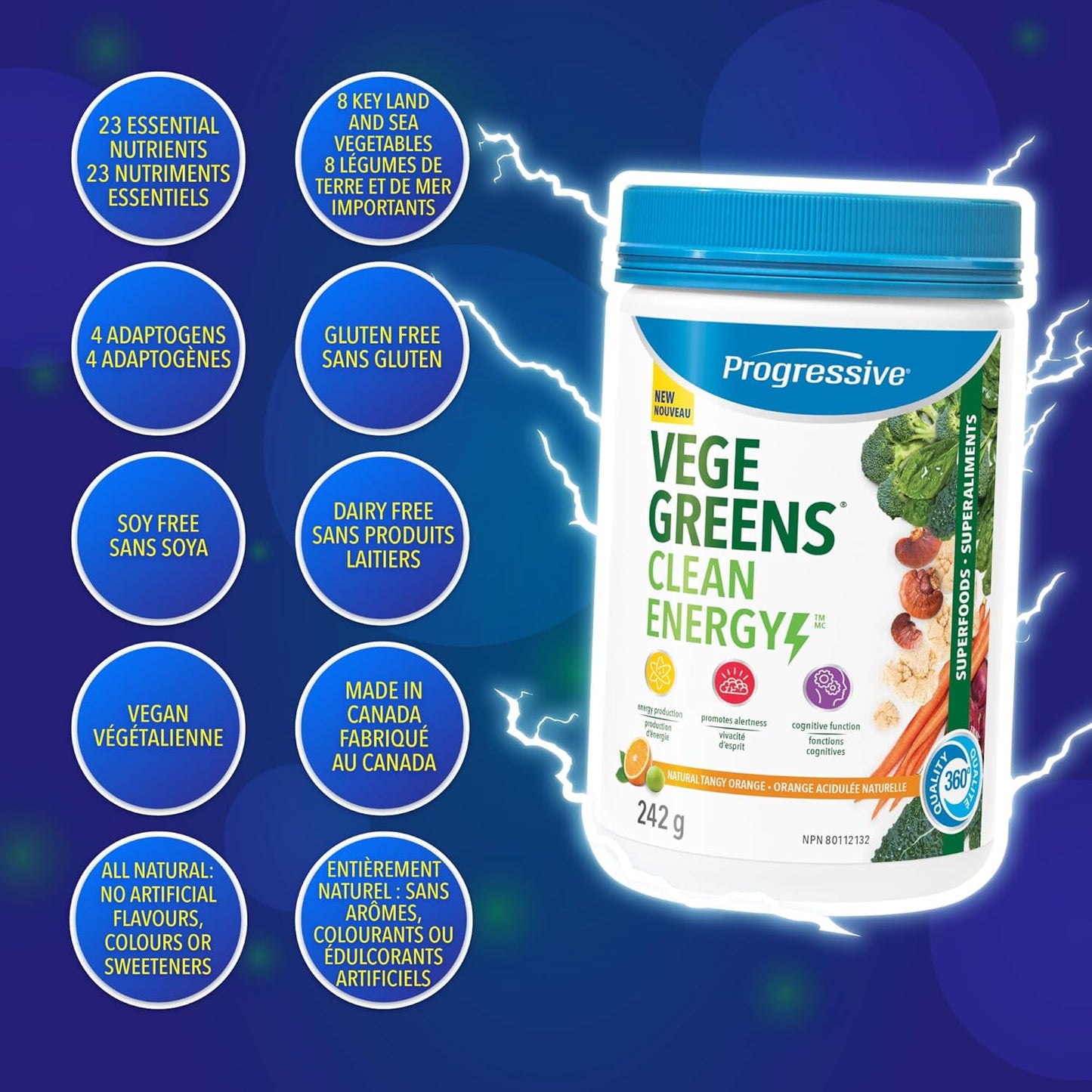 Progressive VegeGreens 清洁能源天然酸橙味 242 克 | 促进能量生产，提高警觉性和认知功能