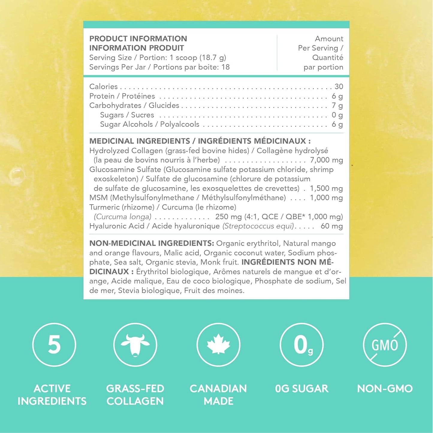 Sproos 關節膠原蛋白 | 水解膠原蛋白粉 + 葡萄糖胺、MSM、薑黃、HA | 增強型膠原蛋白肽粉，芒果薑黃味，桶裝，337 克