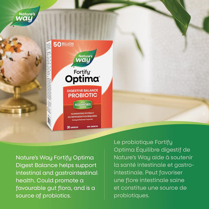 Nature's Way Fortify Optima Digestive Balance Probiotic, 50 Billion Active Probiotic Cultures, Supports Gastrointestinal Health, Shelf Stable, 30 Capsules