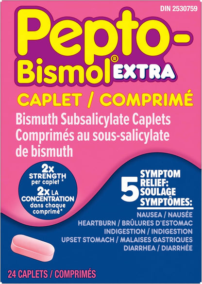 Pepto Bismol Extra Strength Caplets for Nausea, Heartburn, Indigestion, Upset Stomach, and Diarrhea Relief, Original Flavor, 24 Caplets