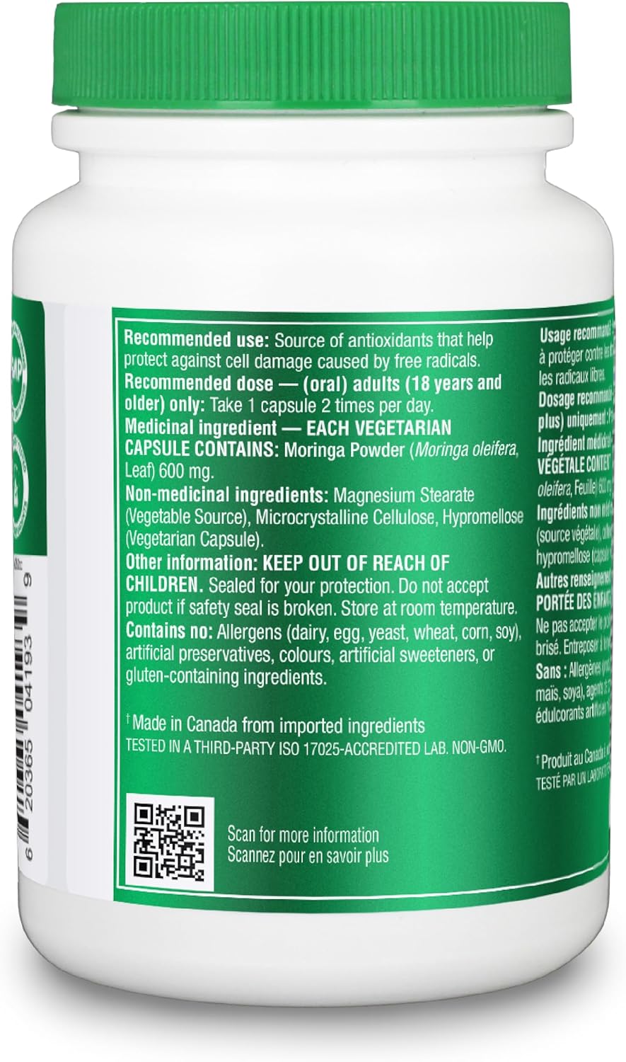 Organika Canadian-Made Moringa Leaf Extract- 1200mg Daily Dose, High Potency, Powerful Antioxidant, Anti-Inflammatory, Blood-Sugar Support, Detox, Source of Vitamins and Minerals- 120vcaps