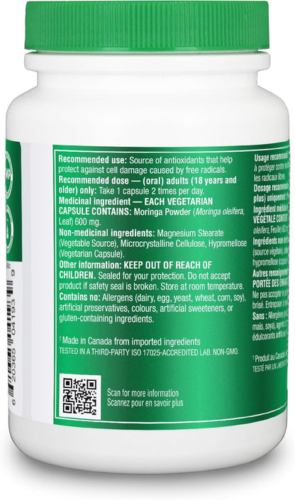 Organika Canadian-Made Moringa Leaf Extract- 1200mg Daily Dose, High Potency, Powerful Antioxidant, Anti-Inflammatory, Blood-Sugar Support, Detox, Source of Vitamins and Minerals- 120vcaps