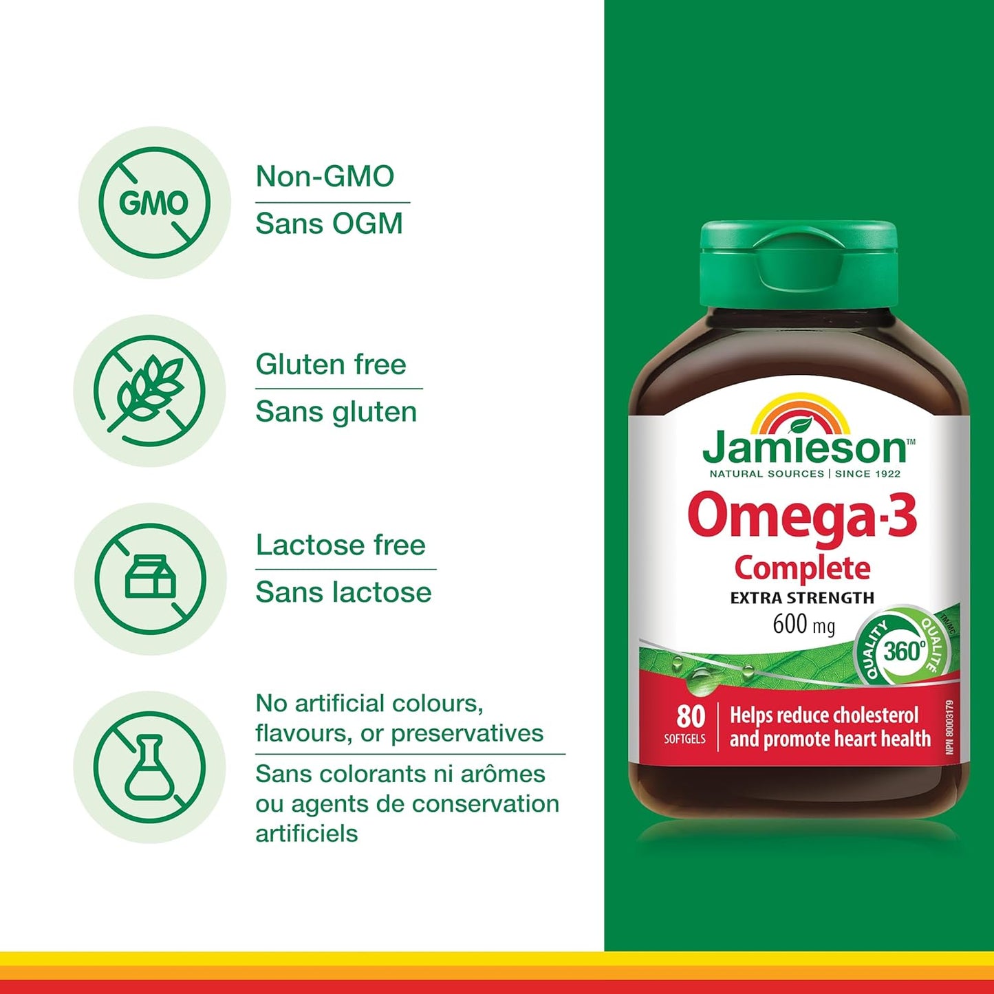 Jamieson Omega-3 Extra Strength Complete 600 mg, Supports Brain and Heart Health, and Mood Balance. With EPA and DHA, Non-GMO, Gluten-Free, 80 Softgels, Proudly Canadian