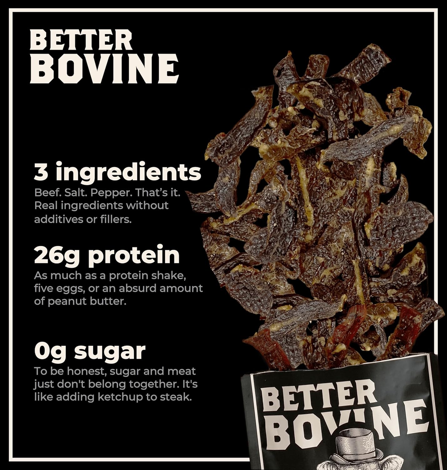 BETTER BOVINE Grass Fed Wagyu Beef Jerky, Keto, Paleo, Low Carb, High Protein, Gluten Free, Sugar Free, Non-GMO, Nitrate Free, Preservative Free, No Antibiotics, No Added Hormones, 26g Protein, 0g Carbs, 180 Calories, Sa…