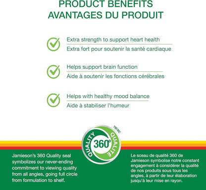 Jamieson Omega-3 Extra Strength Complete 600 mg, Supports Brain and Heart Health, and Mood Balance. With EPA and DHA, Non-GMO, Gluten-Free, 80 Softgels, Proudly Canadian
