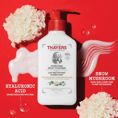 THAYERS Milky Hydrating Face Cleanser with Snow Mushroom and Hyaluronic Acid, Dermatologist Recommended Gentle Facial Wash and Hydrating Skincare for Dry and Sensitive Skin, Paraben Free, 8 FL Oz