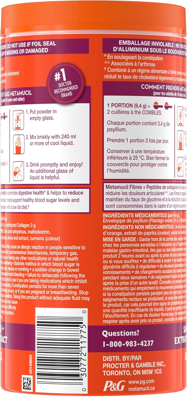 Metamucil Daily Fibre + Collagen Peptides, Psyllium Husk Powder, Plant Based Sugar-Free with Stevia, Orange Flavoured, 60 Servings (564 g)