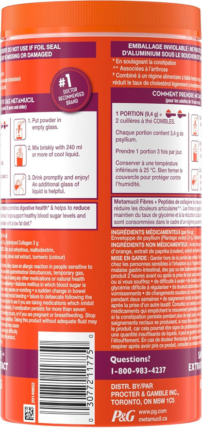 Metamucil Daily Fibre + Collagen Peptides, Psyllium Husk Powder, Plant Based Sugar-Free with Stevia, Orange Flavoured, 60 Servings (564 g)