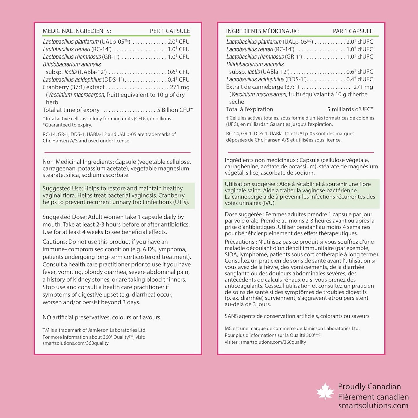Smart Solutions Vaginal Health Probiotic 5 Billion CFU with 271 mg Cranberry, Helps to Restore and Support Healthy Vaginal Flora, and Intestinal Health, 30 Vegetarian Capsules