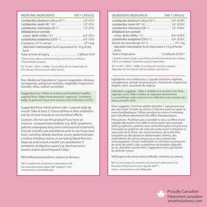 Smart Solutions Vaginal Health Probiotic 5 Billion CFU with 271 mg Cranberry, Helps to Restore and Support Healthy Vaginal Flora, and Intestinal Health, 30 Vegetarian Capsules