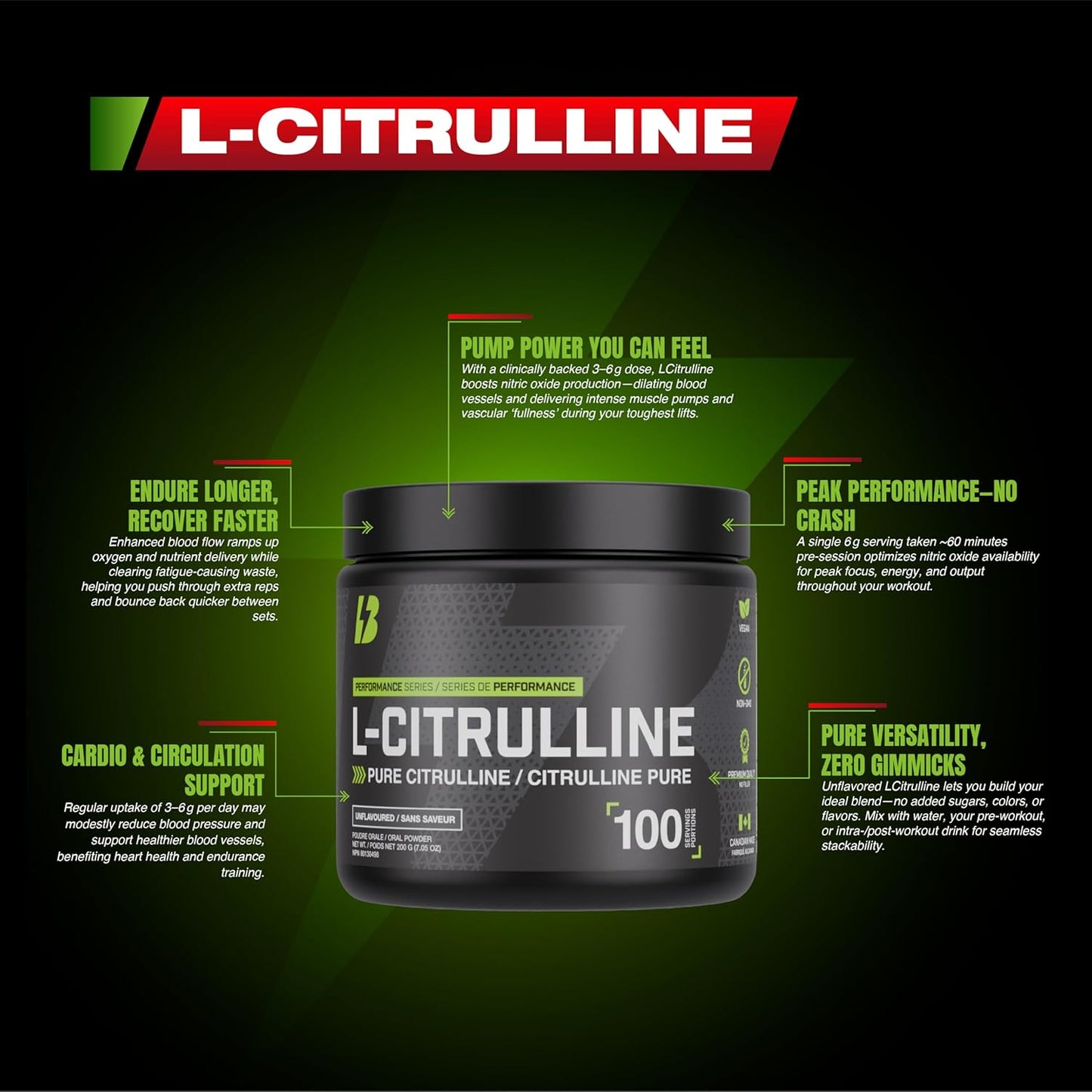 BULL Nutrition – L-瓜氨酸粉，一氧化氮促进剂和泵配方，可增强血液循环、能量和肌肉恢复 – 加拿大制造 – 100份，200克，无味