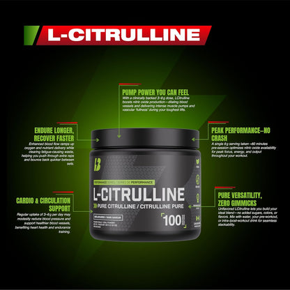 BULL Nutrition – L-瓜氨酸粉，一氧化氮促进剂和泵配方，可增强血液循环、能量和肌肉恢复 – 加拿大制造 – 100份，200克，无味