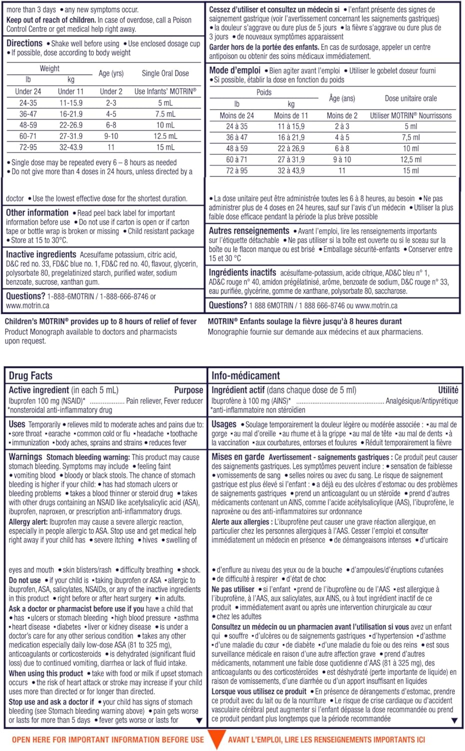 Motrin 儿童液体止痛药，退烧长达 8 小时，布洛芬，葡萄味，无色素 120ml