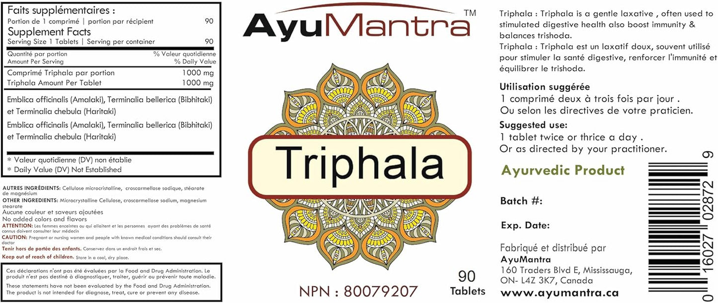 AyuMantra TriphalaTablets 阿育吠陀健康消化天然缓解片 1000 毫克/份 90 片