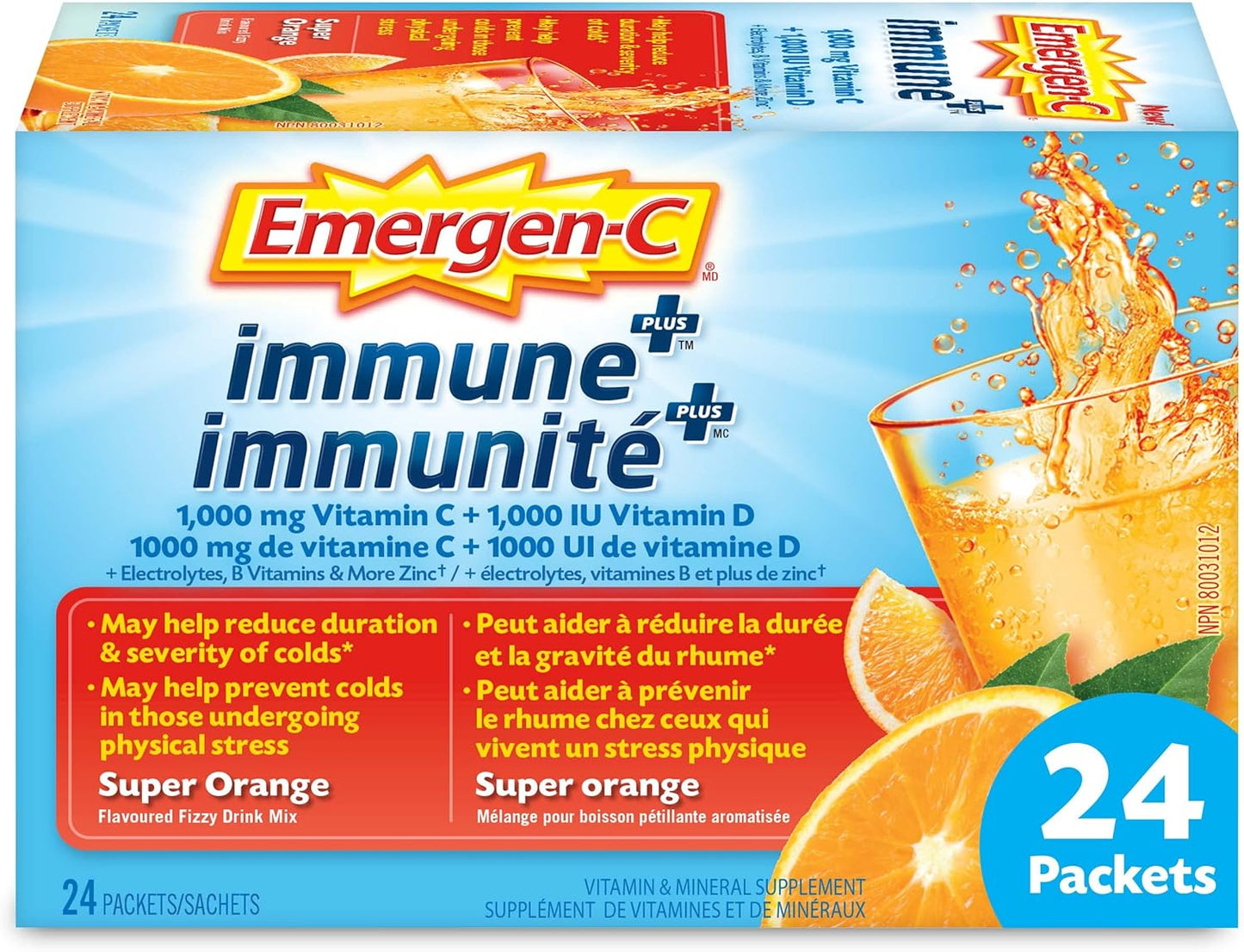 Emergen-C Immune+ 1000毫克维生素C粉剂补充剂，饮料混合物，免疫系统增强剂，超级橙味，24包