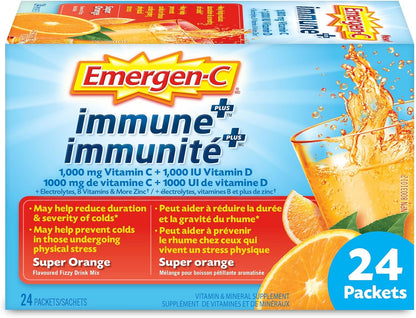 Emergen-C Immune+ 1000毫克维生素C粉剂补充剂，饮料混合物，免疫系统增强剂，超级橙味，24包