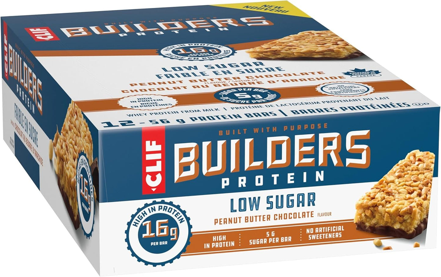 CLIF BUILDERS 低糖蛋白棒，12 包，每包 56 克，16 克蛋白质，5 克糖，不含人工甜味剂，花生酱巧克力味，高蛋白零食，加拿大制造
