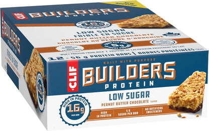 CLIF BUILDERS 低糖蛋白棒，12 包，每包 56 克，16 克蛋白质，5 克糖，不含人工甜味剂，花生酱巧克力味，高蛋白零食，加拿大制造