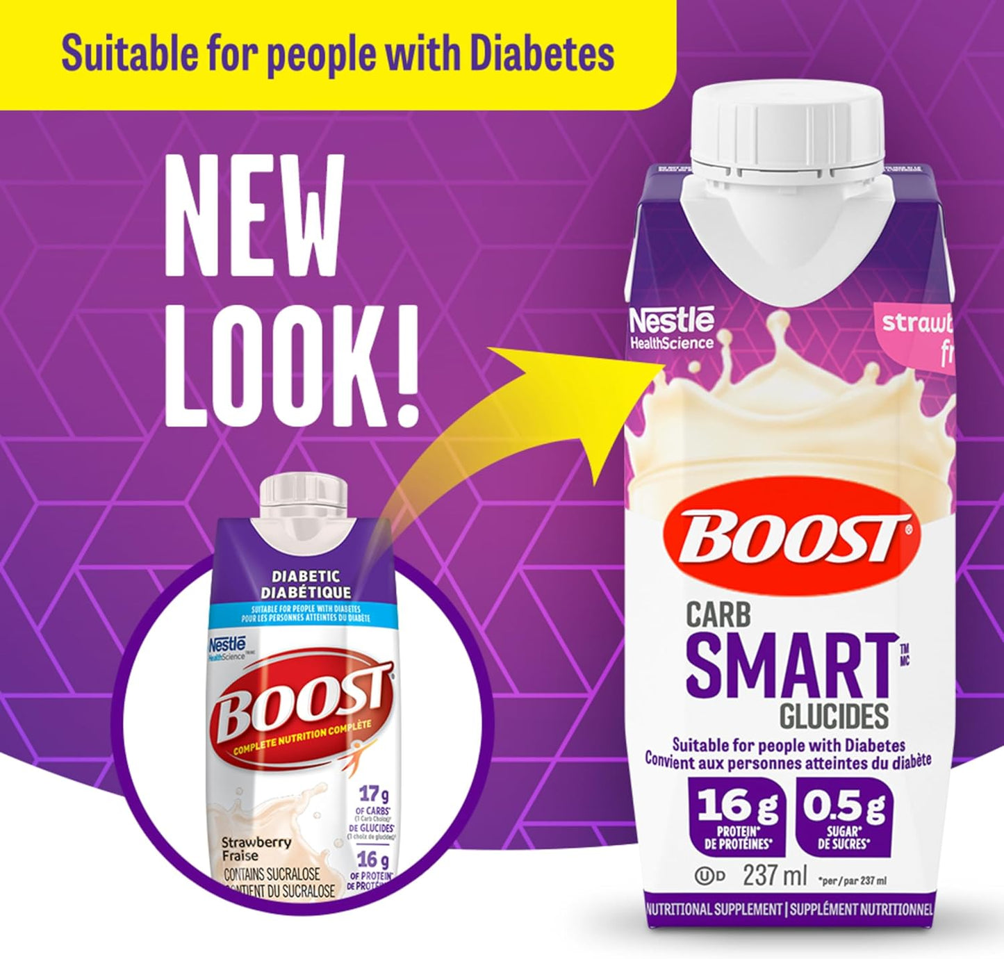 BOOST 糖尿病营养补充剂，草莓味，6x237 毫升，每盒 4 瓶，包装可能有所不同