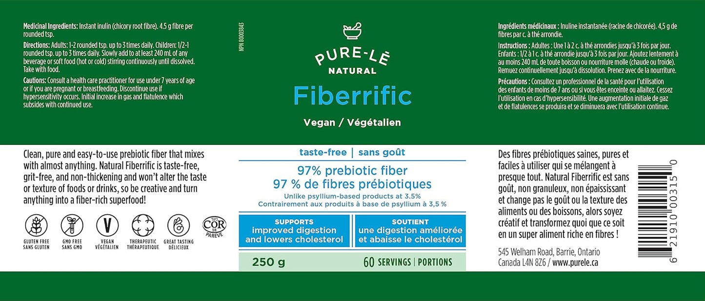 Pure-lē Fiberrific | Inulin Prebiotic Fiber Supplement Powder | Supports Digestion, Gut & Intestinal Health, Regularity, Helps Reduce Bloating & Cholesterol | 60 Servings
