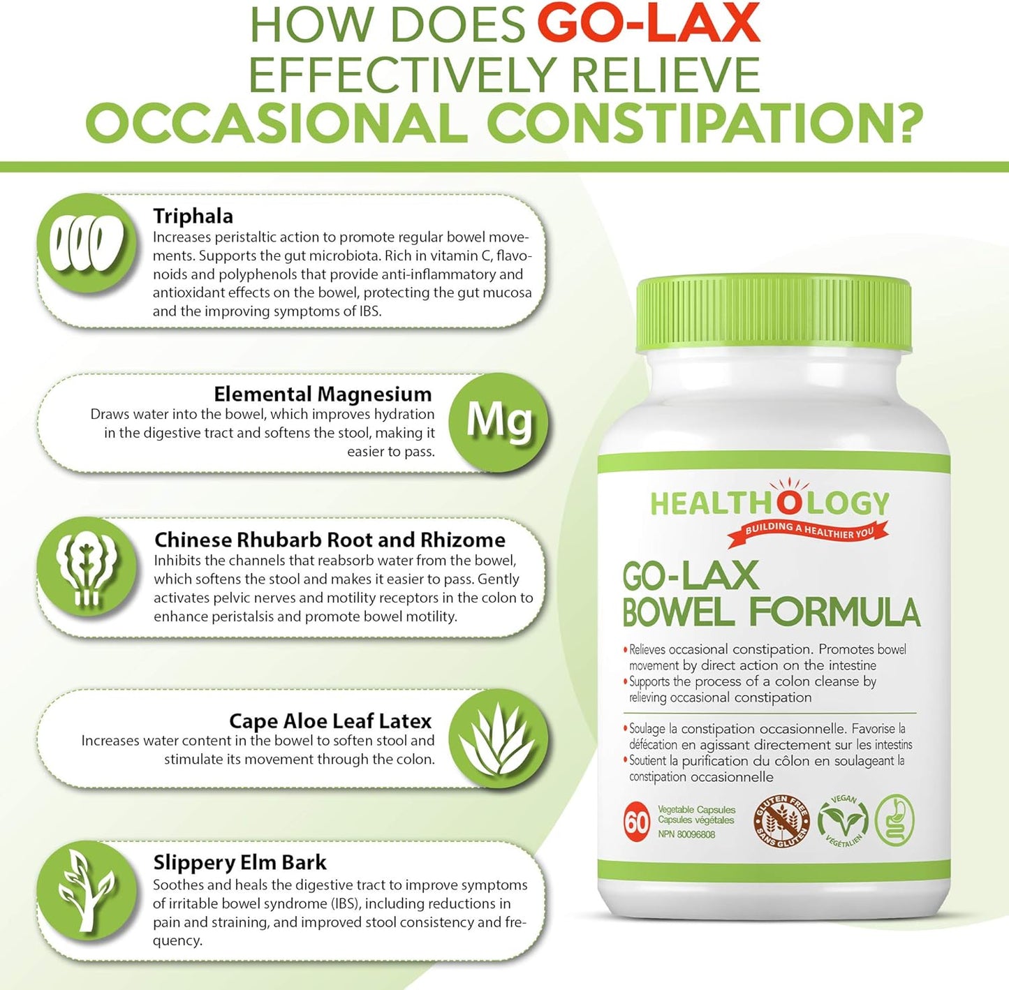 HEALTHOLOGY Go-Lax，腸道配方，天然瀉藥，有效緩解便秘補充劑，60 粒