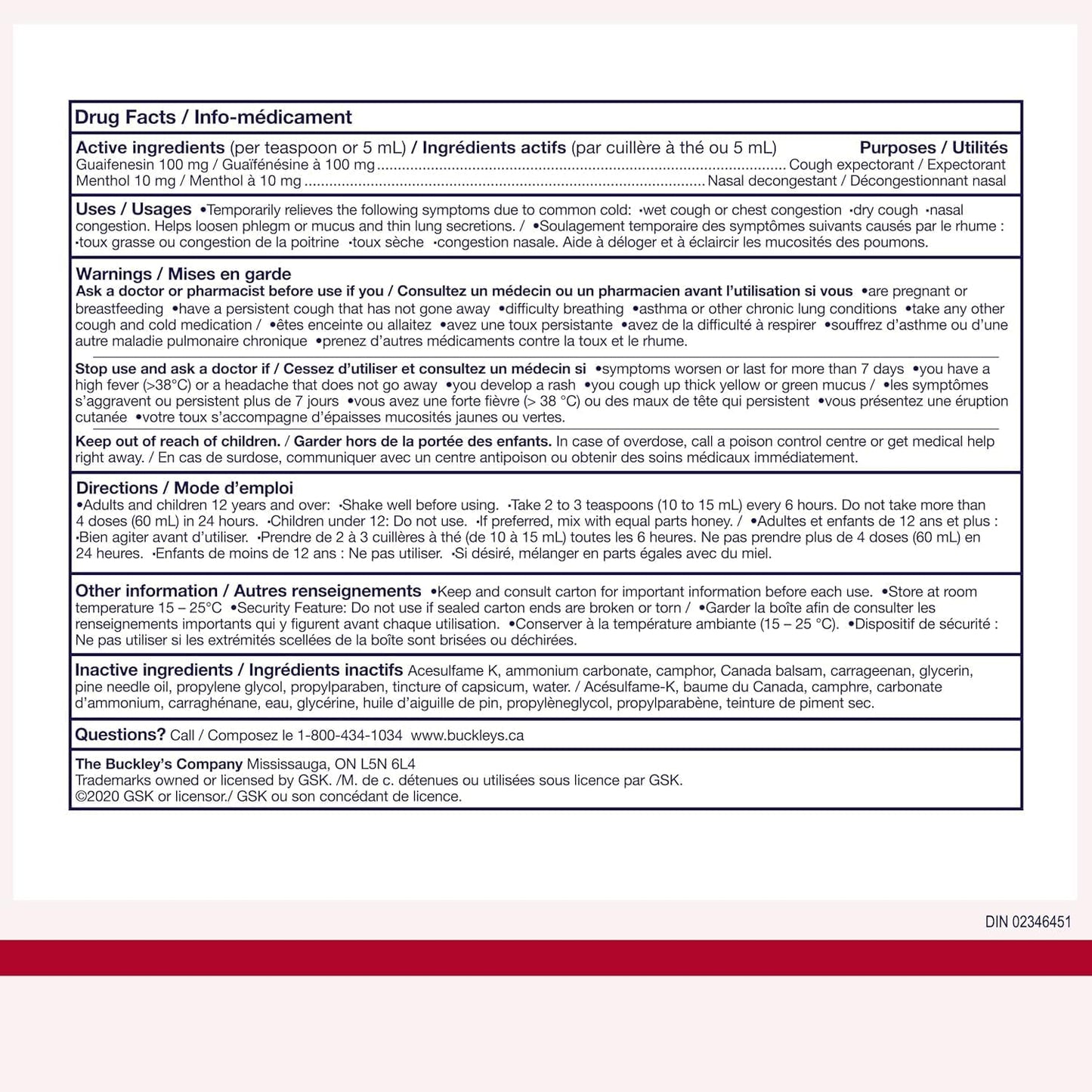 Buckley's 止咳糖浆，祛痰化痰，湿咳和感冒流感药，缓解头痛和鼻窦炎，250 毫升（包装可能有所不同）