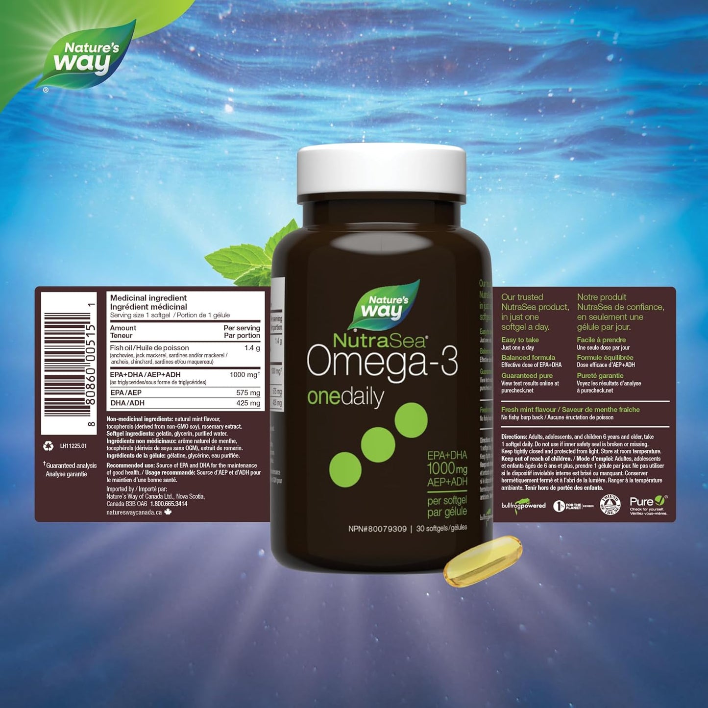 Nature's Way NutraSea 每日一份 Omega 3 补充剂，高效液体凝胶，新鲜薄荷味，30 粒软胶囊