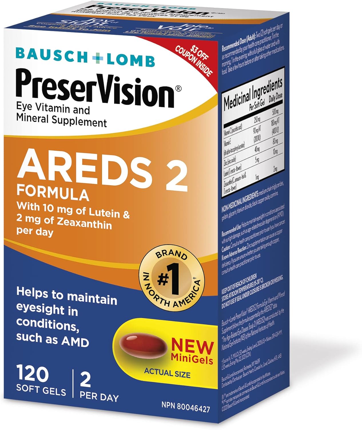PreserVision AREDS 2 Eye Vitamin & Mineral Supplement, Contains Lutein, Vitamin C, Zeaxanthin, Zinc, Vitamin E, Eye Health Supplements for Adults, 120 Softgels
