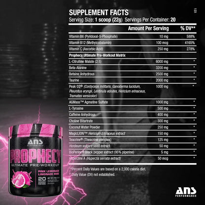 ANS Performance Prophecy 锻炼前粉（20 份，14.5 盎司）- 无麸质锻炼前配方 - 能量与力量 - 无糖 - 增加力量和锻炼量（粉红柠檬水）