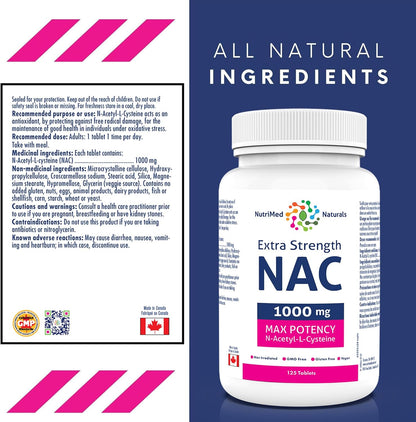 Nutrimed Naturals - 超強效 NAC 1000 毫克 125 片，4 個月用量 - 純素、非基因改造和無麩質 - 強效 N-乙醯-L-半胱氨酸 - 支持肺部和肝臟健康 - 支持呼吸健康
